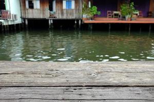Old Wooden Floor with Blurred Khlong Bang Luang Floating Market where a Famous Landmark of Bangkok, Thailand. photo