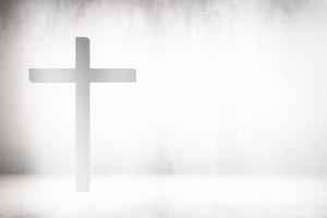 White Grunge Concrete Room Background with Light Leak on Christ Cross, Suitable for Christian Religion Concept. photo