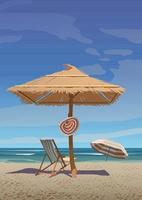 A set of straw umbrella and sun lounger on the sunny beach. Vector. vector
