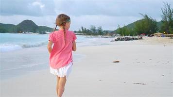 adorável pequeno menina em a de praia tendo Diversão em caribe ilha. video