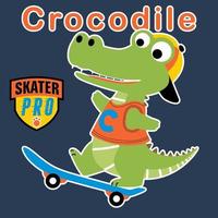 Funny crocodile playing skateboard, vector cartoon illustration