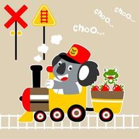 Funny koala and frog on steam train loading fruits, locomotive element, vector cartoon illustration