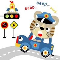 Funny cat on police car, bird laying egg on stoplight, traffic elements, vector cartoon illustration