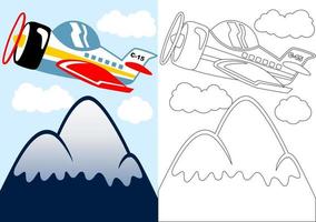 vector cartoon of airplane flying across mountains, coloring page or book