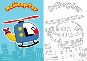 coloring page with helicopter on buildings background, vector cartoon illustration