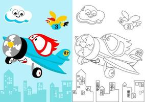 vector cartoon of funny airplane with bird and clouds on buildings background, coloring page or book