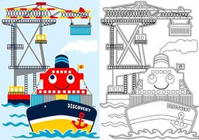 busy port with funny ship, vector cartoon illustration, coloring book or page