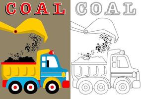 coloring book of page, dump truck with crane scoop machine, vector cartoon