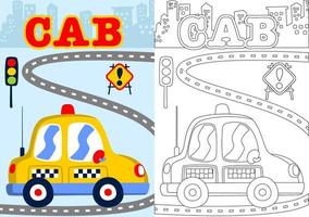 vector cartoon of yellow taxi on city road with traffic signs, coloring page or book