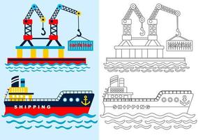 Cargo ship with crane, coloring page or book, vector cartoon illustration