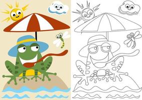 vector cartoon of frog in leisure activity at beach with dragonfly and sky object, coloring book or page