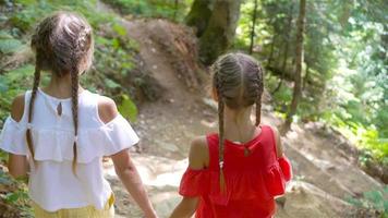 belles petites filles heureuses dans les montagnes sur fond de brouillard video