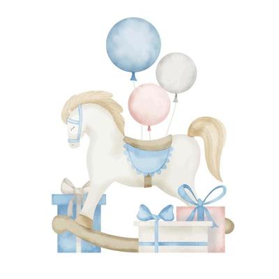 Rocking Horse baby Toy. Hand drawn watercolor illustration of Riding pony with balloons and presents for little boy. Funny animal for kid game in vintage style. Retro drawing on isolated background