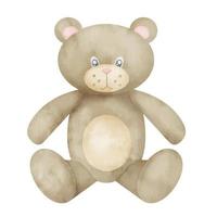 Teddy Bear baby Toy. Hand drawn watercolor illustration for little boy or girl in pastel beige colors. Cute animal for kid. Character for childish greeting cards or invitations. Colorful drawing