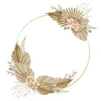 Watercolor Boho Wreath with hand painted Tropical Flowers of pink orchid and dried Palm leaves. Circle isolated frame with branches of Pampas. Romantic floral bohemian template for wedding vector