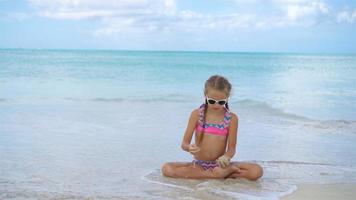 aanbiddelijk actief weinig meisje zittend Aan zanderig strand video