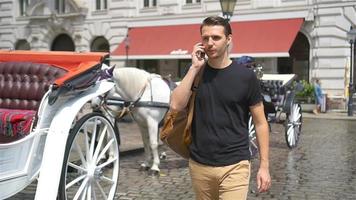 touristischer mann, der einen spaziergang durch wien genießt und die schönen pferde in der kutsche betrachtet video