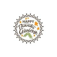 Happy Thanksgiving Calligraphy Text with Illustrated Green Leaves Over White Background, Vector Typography