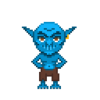 An 8 bit retro styled pixel art illustration of a blue goblin with a golden earring and brown trousers. png
