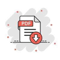 icono de pdf en estilo cómico. ilustración de dibujos animados de vector de texto de documento sobre fondo blanco aislado. concepto de negocio de efecto de salpicadura de archivo.