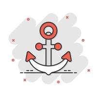 icono de signo de ancla de barco en estilo cómico. ilustración de dibujos animados de vector de equipo marítimo sobre fondo blanco aislado. efecto de salpicadura del concepto de negocio de seguridad marítima.