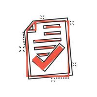 Approved document icon in comic style. Authorize cartoon vector illustration on white isolated background. Agreement check mark splash effect business concept.