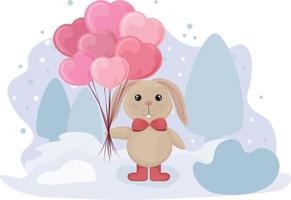 Rabbit with balloons in the shape of a heart. Festive illustration for Valentine s Day. A hare with hearts in his hands stands against the background of a winter landscape. Cute cartoon rabbit vector