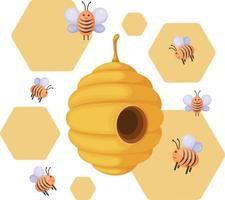 A beehive with bees. An illustration depicting a bee hive and bees flying around it. Yellow beehive. Vector illustration