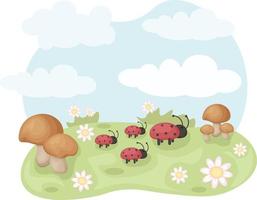 Ladybugs. Spring illustration with the image of ladybirds. A green clearing with ladybugs and mushrooms. A green clearing against a blue sky. Vector