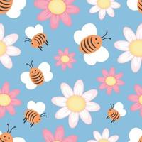 Seamless pattern. Bright spring pattern with the image of bees and flowers. Pattern for a print with bees. Vector illustration