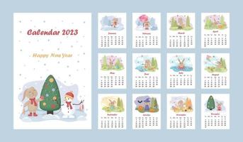 Calendar year 2023. Calendar with the image of a cute rabbit. Calendar for the year. Vector illustration