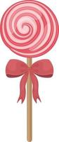 Bright Christmas caramel lollipop with a red bow on the shelf. Round sweet lollipop. New Year s candy. Christmas sweetness. Vector illustration isolated on a white background