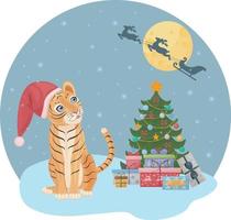 Cute Christmas illustration depicting a Christmas tree with gifts and a cute tiger cub sitting near the Christmas tree with gifts and looking at Santa s reindeer. Children s New Year s illustration vector