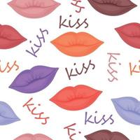 Bright sexy seamless pattern with the image of women s lips of different colors. A pattern with the image of lips and the inscription kiss. Valentine s day pattern for print and gift wrapping. Vector