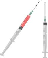 Two thin plastic medical syringes. An insulin syringe with red medications and empty. Medical equipment for injections and vaccinations. Vector illustration on a white background