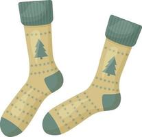 Bright Christmas socks with the image of green Christmas trees and snowflakes. Warm Christmas socks. A piece of clothing with the symbols of Christmas and New Year. Warm clothes, vector illustration