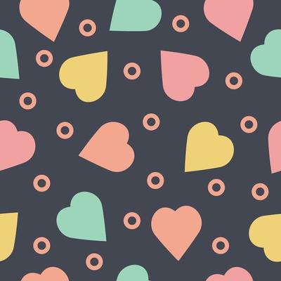Bright seamless pattern with the image of hearts of different colors in a flat style on a dark background. Pattern for Valentine s Day. Valentine Day. Illustration for print and gift wrapping