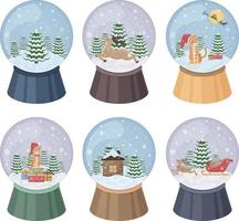 A set of Christmas snowglobes. Snow balls with a Christmas tree, reindeer harnessed to a sleigh and also a tiger symbol of the new year. Collection of snowglobes in cartoon style. Vector illustration