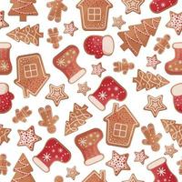 Sweet Christmas seamless pattern with the image of gingerbread cakes of various shapes. New Year gingerbread pattern for the print. Vector illustration