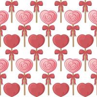 brillante dulce sin costura modelo con el imagen de piruletas en un palo en el formar de corazones. espiral piruletas en un palo con rojo arcos caramelo modelo para impresión en dibujos animados estilo. vector ilustración