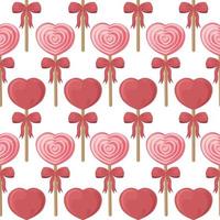 Bright sweet seamless pattern with the image of lollipops on a stick in the form of hearts. Spiral lollipops on a stick with red bows. Candy pattern for printing in cartoon style. Vector illustration