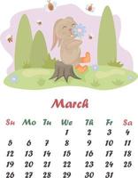 March is a cute cartoon rabbit. Spring calendar. Vector illustration of a rabbit. A rabbit is sitting on a stump with a flower in his hands, against the background of a forest and bees