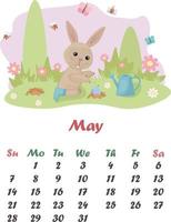 Calendar May .Cute rabbit in the garden. An image of a rabbit that is digging in the garden. A hare plants vegetables against a background of trees and flowers with bees. Spring vector illustration.