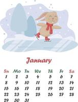 Calendar January. Cute calendar with a picture of a rabbit skating on ice. Winter illustration with a cute hare on ice. Vector