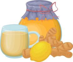 Honey with tea, lemon and ginger. Honey in a glass jar. Sweet medicinal dessert. Vector illustration