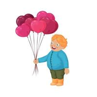 un chico con globos en el formar de corazones. linda chico en dibujos animados estilo. ilustración para enamorado s día. un niño con globos vector