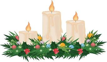 Christmas candles. Three white candles decorated with Christmas wreaths. Burning New Year candles. Christmas decorations. Vector illustration isolated on a white background