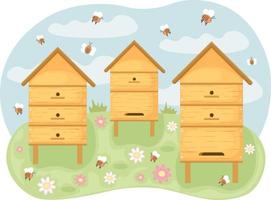 Beehives with bees in a clearing. Spring illustration depicting wooden beehives standing in a clearing and bees flying around them. Flower meadow with beehives. Vector