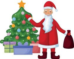 Santa claus. Cute cartoon Santa Claus is standing near the Christmas tree with a bag of gifts in his hands. Christmas tree with gift boxes. Vector illustration