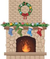chimenea. Navidad hogar con un Navidad guirnalda y calcetines para regalos. hogar con fuego y festivo decoraciones vector ilustración